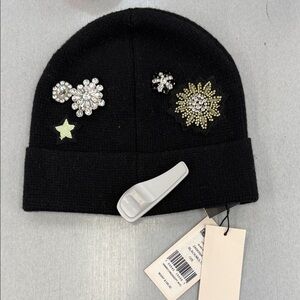 Cinq à Sept Black Beanie with Star and Floral Embellishments Black one size NwT